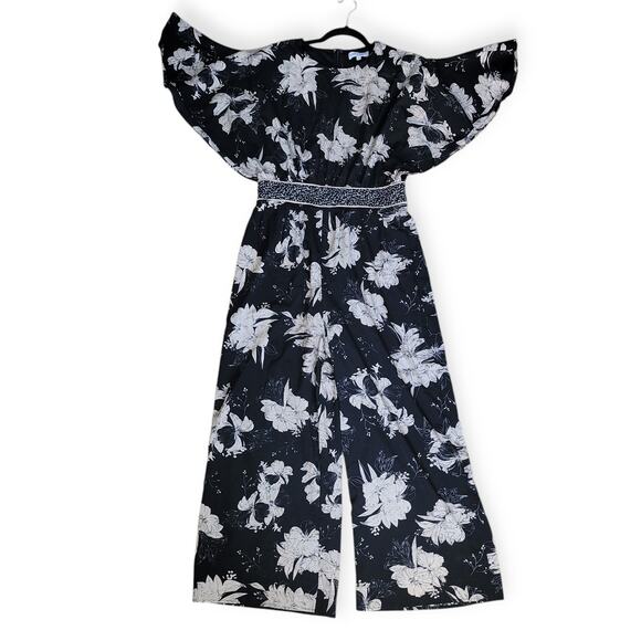 Piper & Scoot Floral Wide Leg Crew Neck Jumpsuit Flare Sleeves Women Sz L - Picture 1 of 10